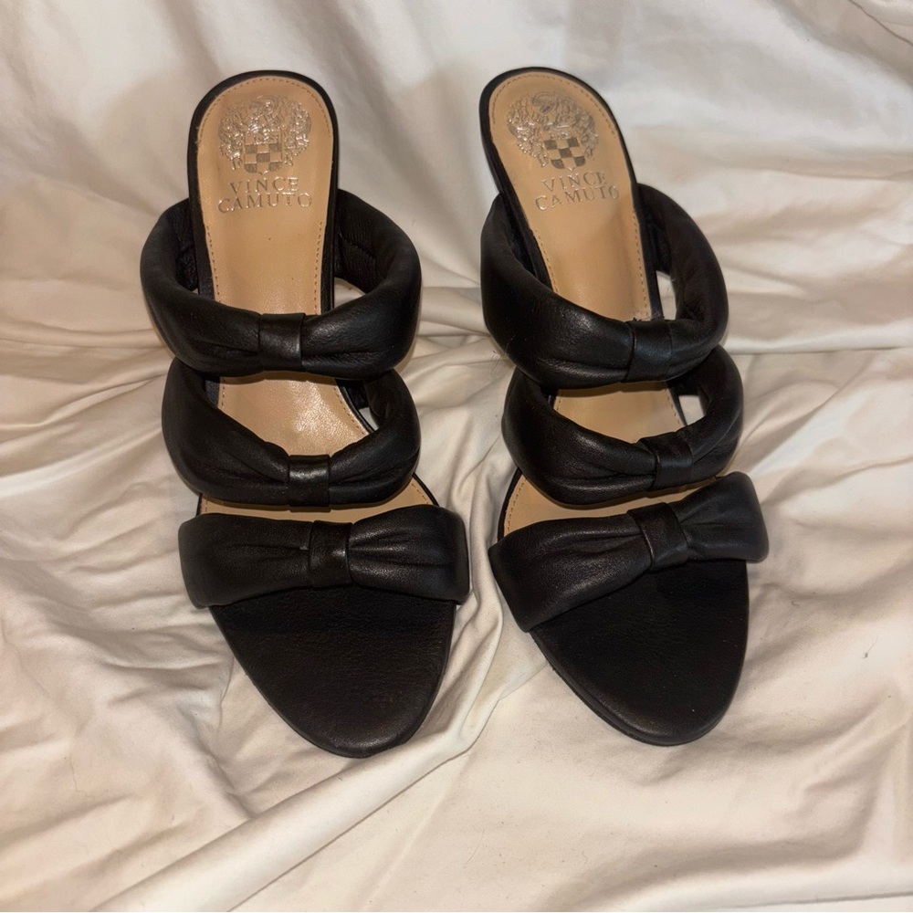 Vince Camuto Black Leather Mules with Bow Detail